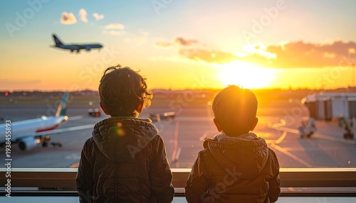 Two kids gaze at a plane soaring into the sunset, viewed through a window at the airport