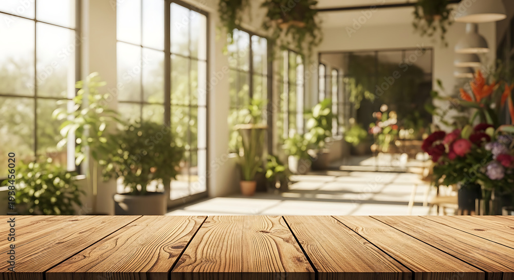 Fototapeta premium Wooden table in sunlit greenhouse filled with lush green plants and colorful flowers