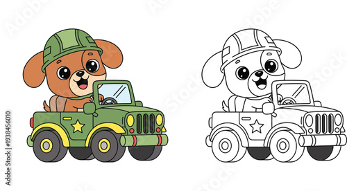 Cute cartoon puppy soldier driving a military jeep, colored vector illustration and black and white coloring book page.