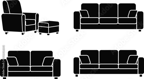Seating furniture silhouette vector illustration with armchair, ottoman, loveseat, sofa designs, interior design artwork, home decor concept, living room furniture set