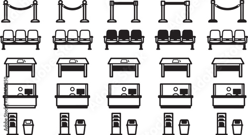 Streamlined Icons Set Illustrating Seating, Counters, and Queue Barriers, perfect for design and presentation. 