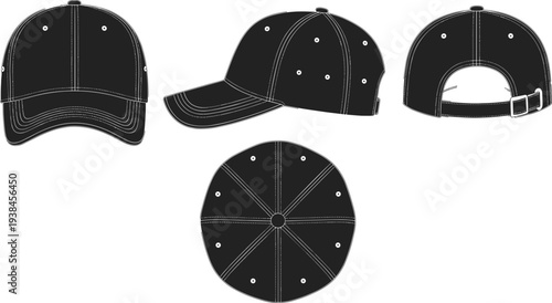 Black baseball cap vector illustration technical design, front side rear top views, fashion accessory profile with stitching, panels, buckle strap, ventilation eyelets