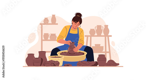 Focused female artisan shapes a clay pot on a spinning pottery wheel in a creative workshop filled with ceramic vases on wooden shelves.