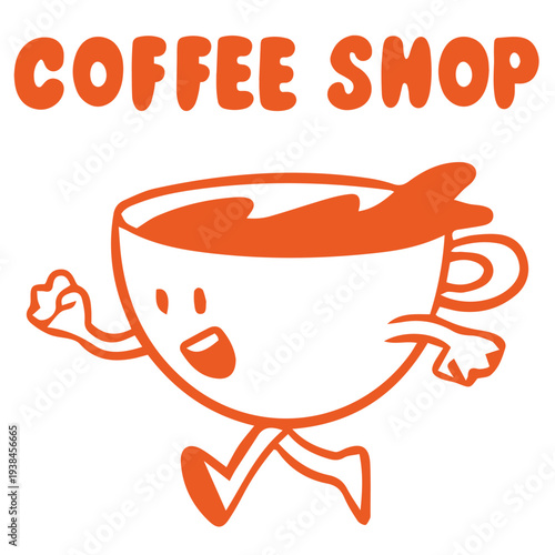 Coffee shop doodle illustration with running coffee cup mascot character
