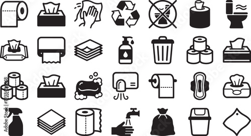 A comprehensive collection of diverse hygiene icons and restroom accessories illustrated in a clean and modern style,perfect for representing various cleaning procedures and sanitary practices.