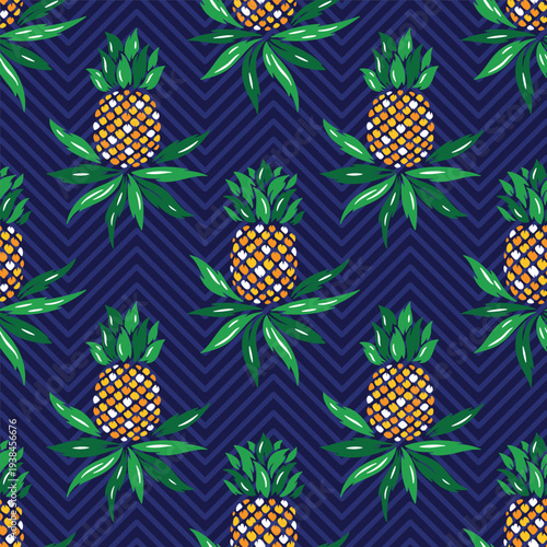 Colorful Pineapples Seamless Pattern. Floral Background with Pineapple Tropical Fruit and Leaves. Vector graphic