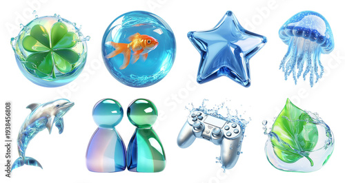 PNG Glossy aquatic-themed digital icons on transparent background