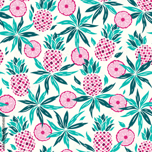 Pineapples Seamless Pattern. Colourful Floral Summer Background with Pineapple Tropical Fruit, Slices and Leaves. Vector Illustration.