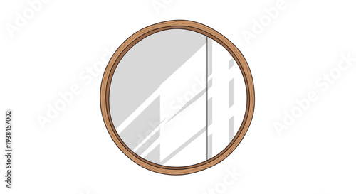 Simple round mirror with an elegant wooden frame reflecting bright sunlight and shadows for a minimalist home interior decoration style.