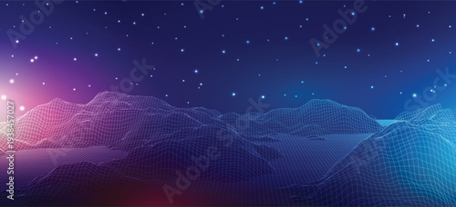 Futuristic banner background with modern wireframe terrain design. Wide background with various technological elements, vector illustration.