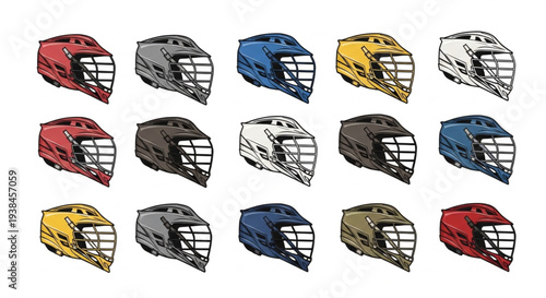 Collection of Lacrosse Helmets in Various Colors Displayed.