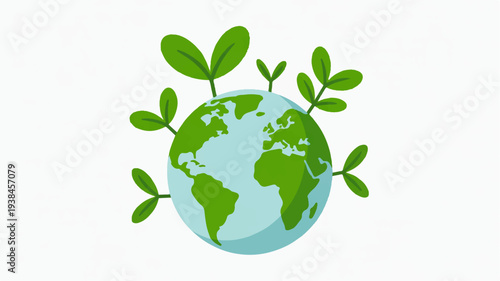 Green cartoon earth icon with small plants sprouting eco friendly symbol for environmental conservation and sustainability