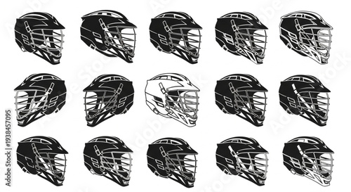 Collection of Lacrosse Helmets in Various Designs and Angles.