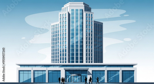 Modern High-Rise Office Building with Glass Facade.