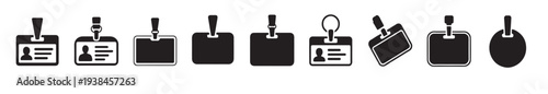 A collection of blank identification badges and name tags in clean. Badges identification icons with person silhouette and lines filled styles featuring badge, id card, vector illustration.