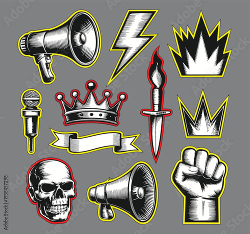 Set of rebel elements in vintage style isolated vector illustration with two megaphones a lightning bolt a crown a microphone a skull and a fist