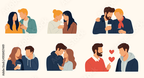 Set of diverse romantic couples interacting through talking and drinking coffee to show different forms of companionship and modern relationships.