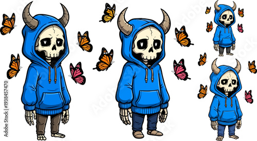 Set of 4 cartoon skeleton characters with blue hoodies and butterflies vector