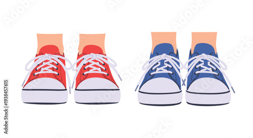Close up view of human feet wearing bright red and blue canvas sneakers with white laces for a casual street fashion and lifestyle look.