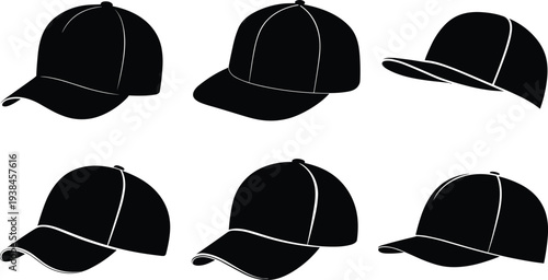 Baseball cap icons set, casual sport hat collection silhouettes, fashion headwear design illustration, adjustable cap style vector