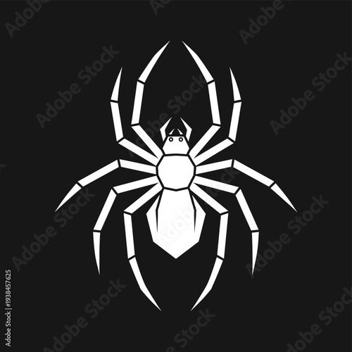 A stylized white spider graphic with eight legs on a black background.