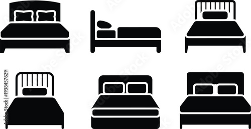 Bed icons collection, bedroom furniture sleeping beds silhouettes set, home interior mattress comfort illustration, hotel bedroom furniture vector
