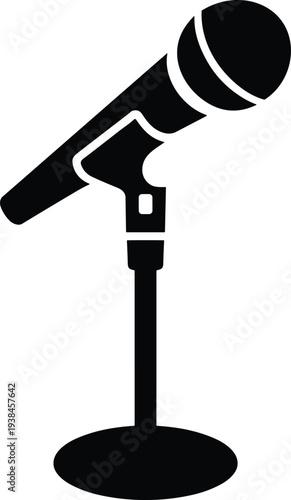 Black microphone icon on stand, simple audio recording podcast studio equipment silhouette vector isolated broadcast media sound technology symbol illustration