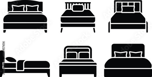 Bed icons set, bedroom furniture bed silhouettes collection, home interior sleeping furniture illustration, hotel bedroom bed vector icons