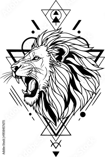 Powerful black vector illustration of a wild lion head mascot and tribal wolf tattoo silhouette featuring a fierce animal face logo of a predatory beast