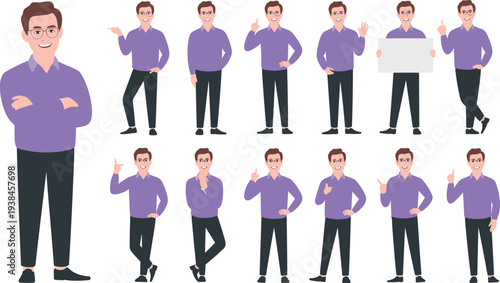 Businessman character poses set, office worker gestures collection, professional male cartoon character illustration for presentation animation design