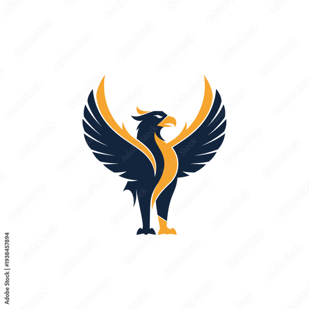 Obraz premium A striking dark blue and gold eagle or phoenix emblem with wings spread wide.