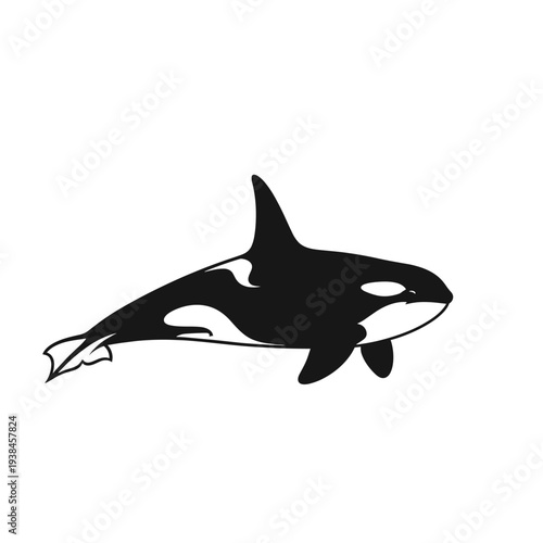 A stylized black and white illustration of an orca whale swimming.