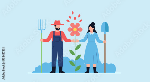 Male farmer and a woman stand together with garden tools next to a large colorful blooming flower to symbolize agricultural growth and success.