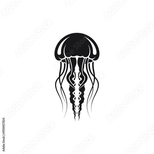 A stylized black silhouette of a jellyfish with long, flowing tentacles against a white background.