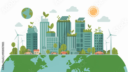 Eco friendly modern cityscape with green buildings and renewable energy sources on a global landscape