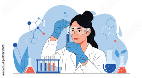 Female scientist in protective goggles conducting research with test tube in chemical laboratory setting with floating molecules.