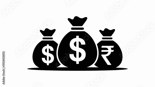 Black and white silhouette icons of money bags with Dollar and Rupee symbols for finance and wealth concept.
