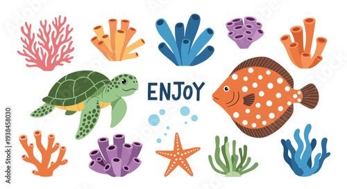 Vibrant underwater scene featuring a green sea turtle an orange flatfish and diverse colorful corals with Enjoy text for a tropical theme.