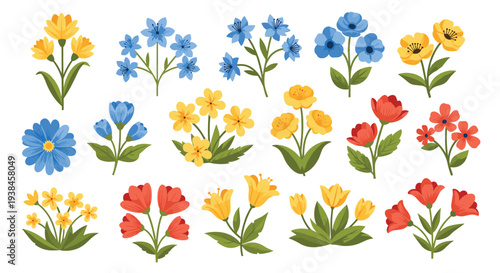 Large assortment of various colorful spring and summer flowers with green leaves isolated on a plain white background for design.