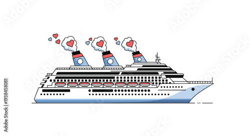 Large white cruise ship sailing on the ocean with red heart-shaped smoke coming out of its chimneys on a clean white background.
