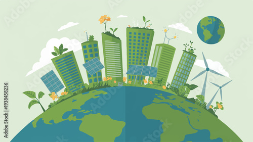 Eco friendly cityscape with green buildings renewable energy and sustainable living on a globe with lush vegetation and wind turbines under a clear sky