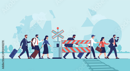 Group of diverse business people with suitcases walking through a railway crossing during their daily travel and work commute.