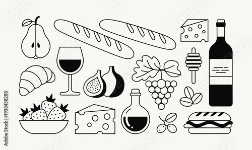 Gourmet Food and Charcuterie Line Art Set with Wine, Cheese, Baguettes, Fruits, and Deli Appetizer Icons