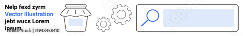 Technology, data management, digital interface, search functionality, software design, automation systems. Image features a jar, gears and a search bar. Technology and data management concept