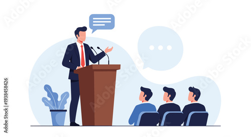 Professional man in a dark suit giving a motivational speech at a wooden podium to an audience in a large conference hall.