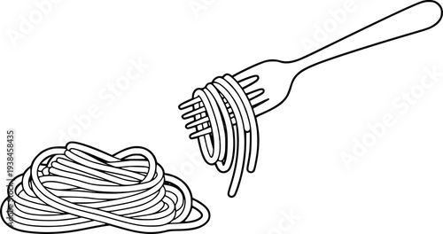 Black and white of spaghetti a fork with a pile of pasta a white background food