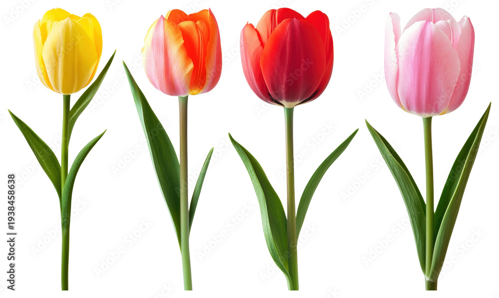 Fototapeta premium PNG Vibrant tulips in colorful bloom on transparent background