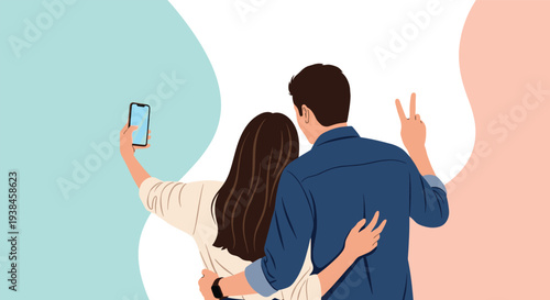 Young couple from the back view taking a selfie with a modern smartphone against a colorful abstract and artistic background.