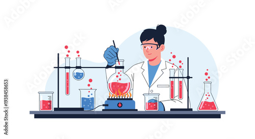 Professional female scientist in a lab coat performing complex chemical experiments with boiling beakers and various test tubes.