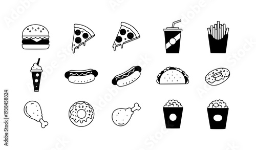 Modern junk food fast food icon pack with burger pizza fries soda and snacks vector illustration